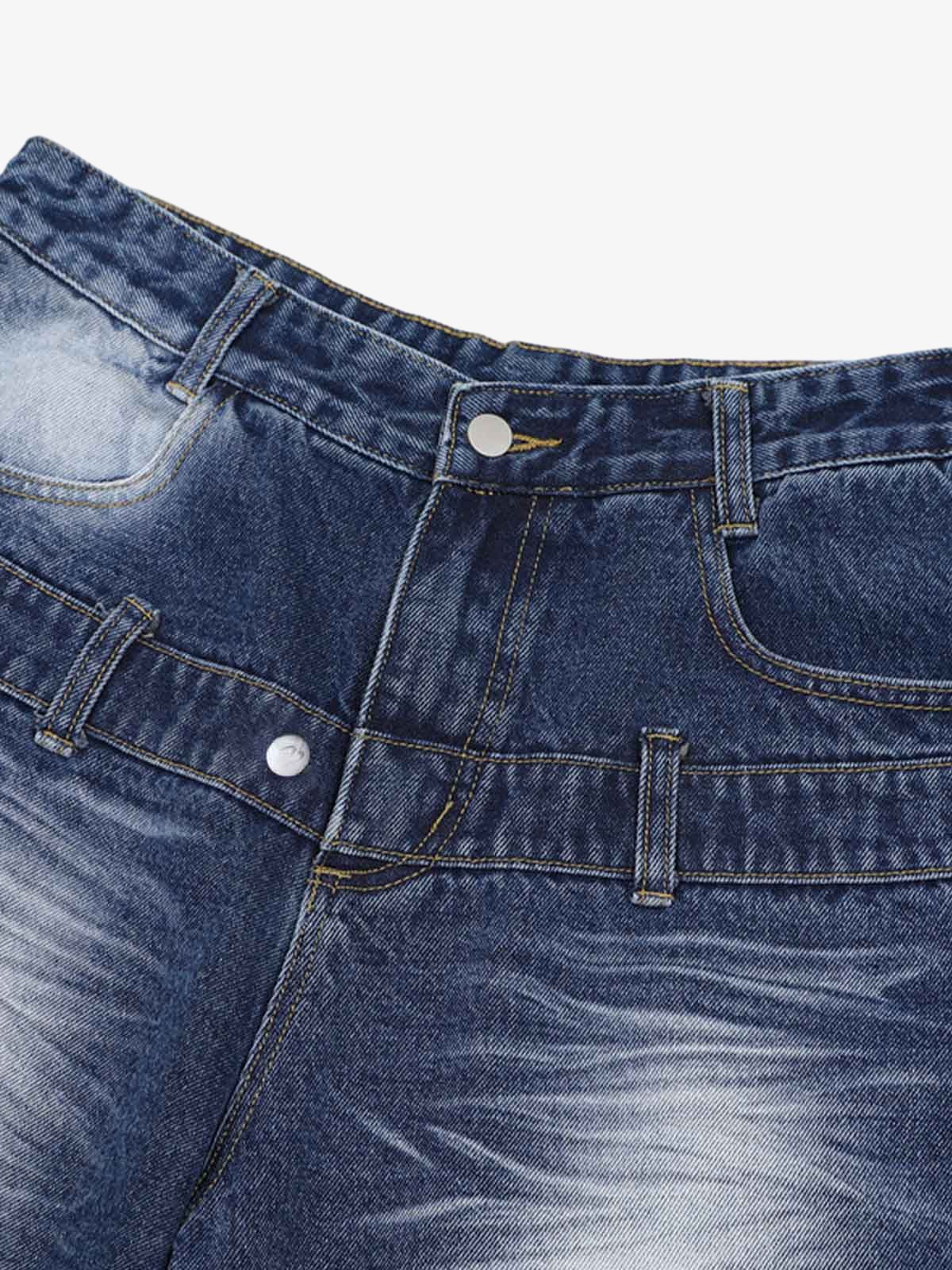 Distressed Washed Workwear Denim Shirt And Jorts Set