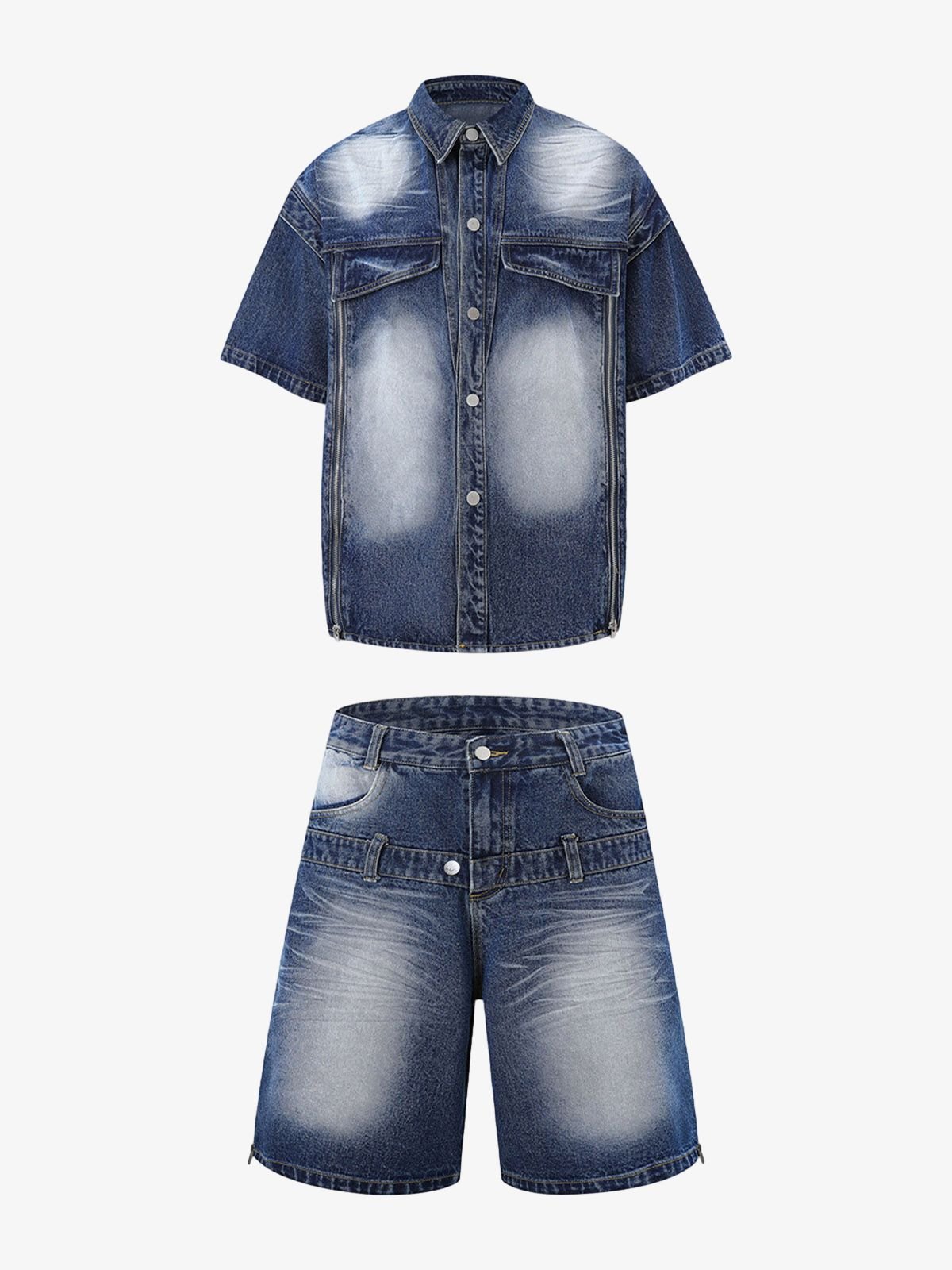Distressed Washed Workwear Denim Shirt And Jorts Set