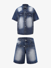 Distressed Washed Workwear Denim Shirt And Jorts Set