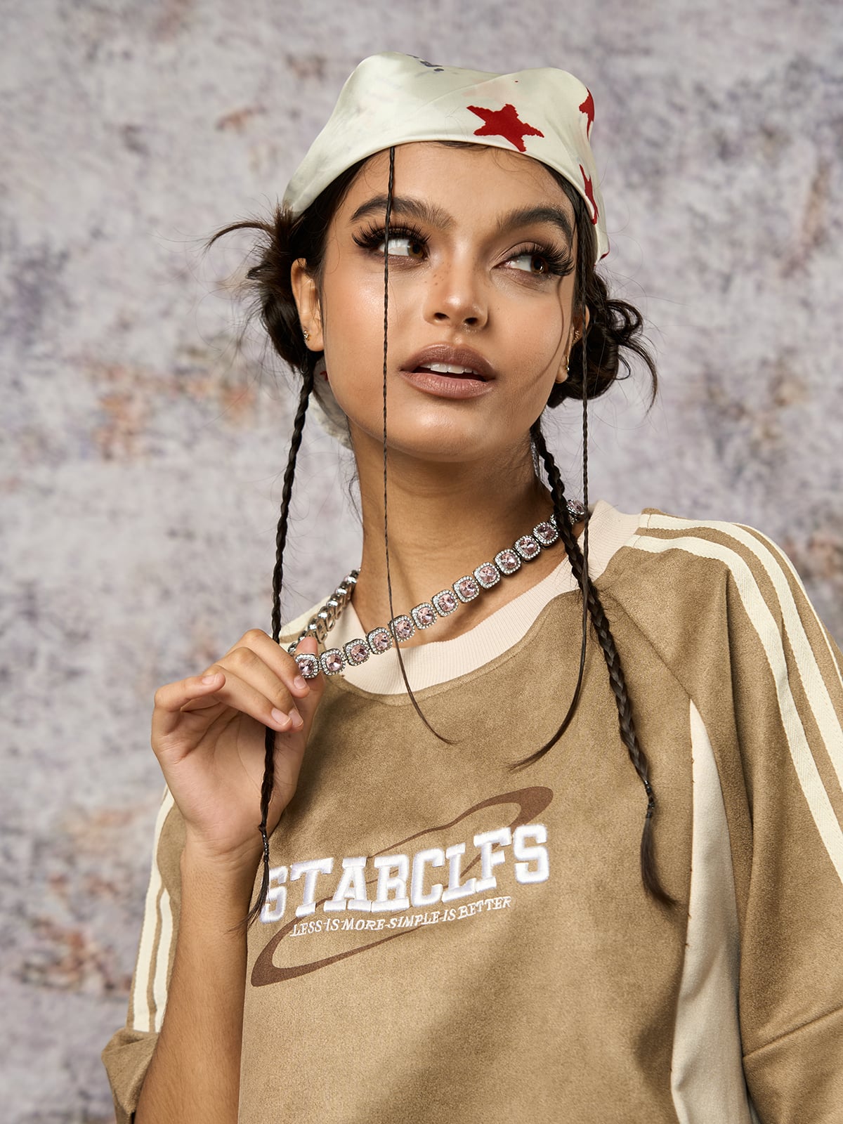 Suede Contrast Color Spliced Letter Embroidery Oversize T-Shirt