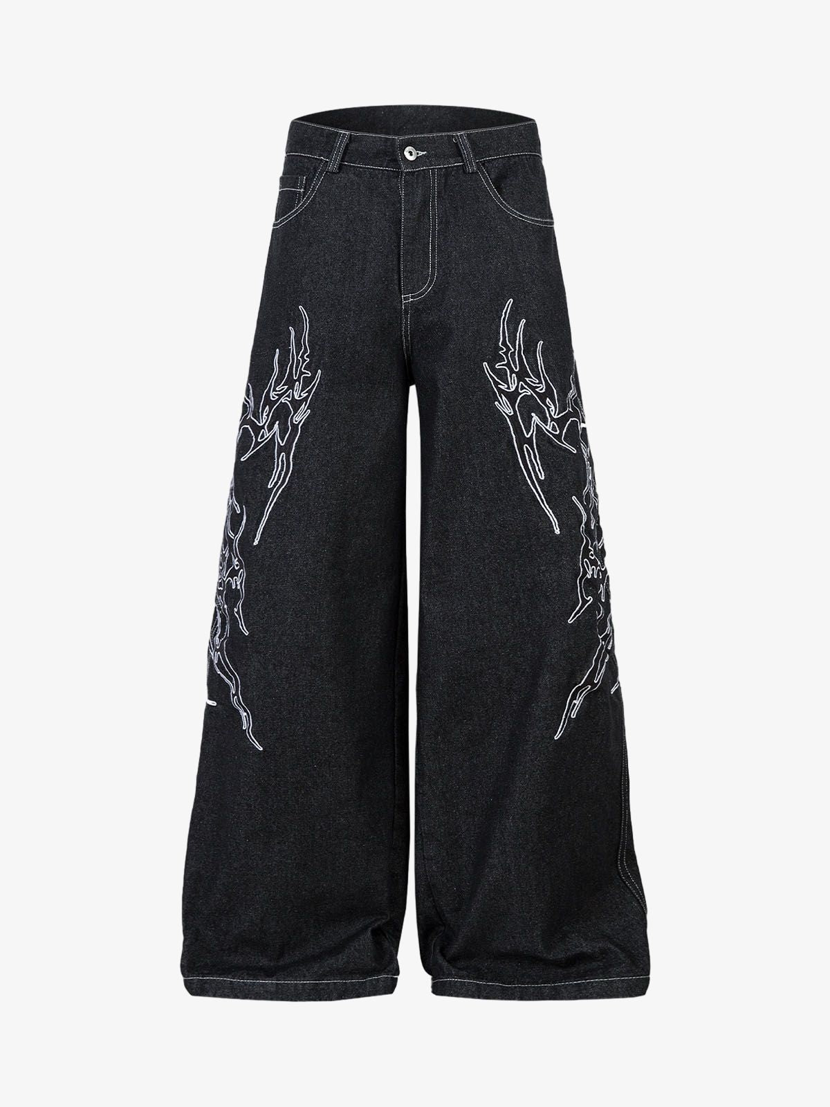 Denim Embroidered Flame Baggy Jeans