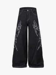 Denim Embroidered Flame Baggy Jeans