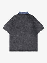 Distressed Embroidered Denim Collar Polo Shirt