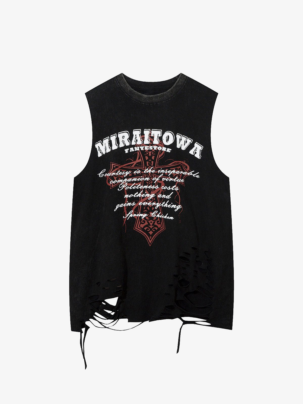 Distressed Ripped Graphic Cross Print Vest