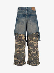 Retro Stitching Faux Two-Piece Camouflage Jeans