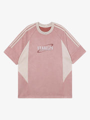 Suede Contrast Color Spliced Letter Embroidery Oversize T-Shirt