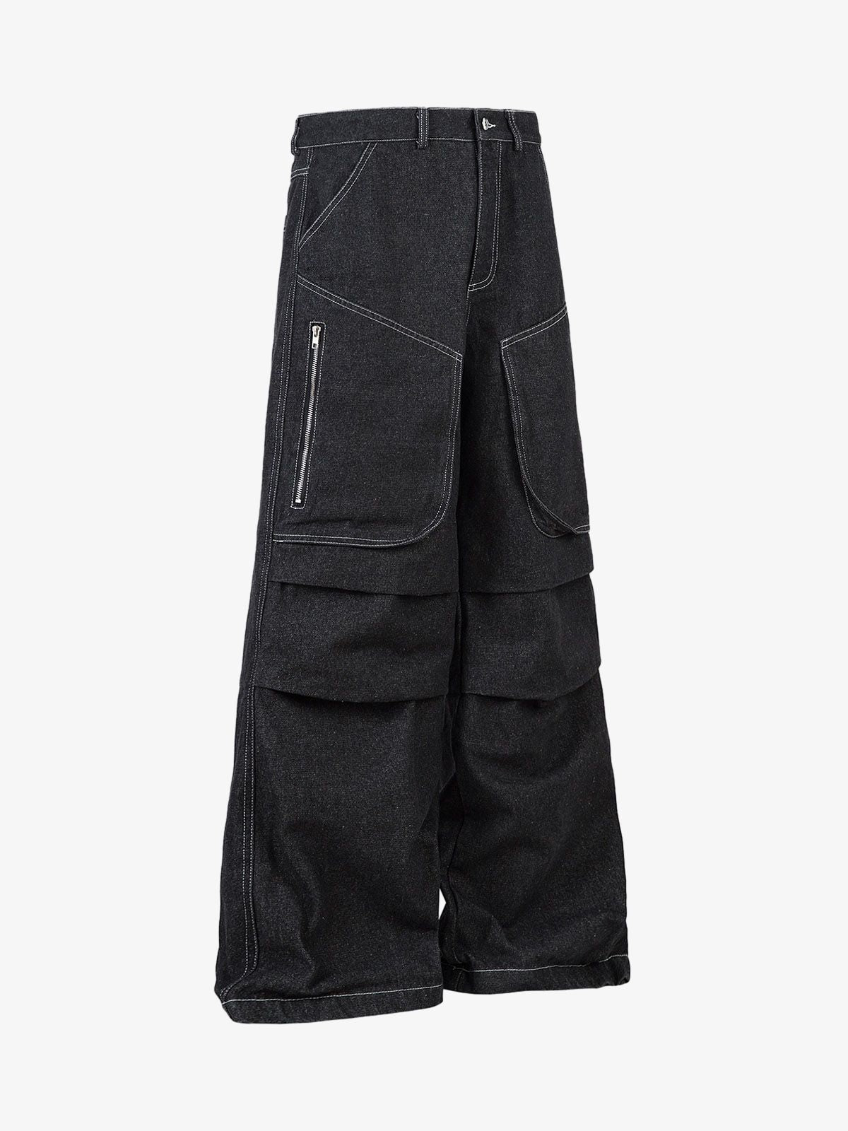 Deconstructed Split Topstitched Pleated Pocket Jeans
