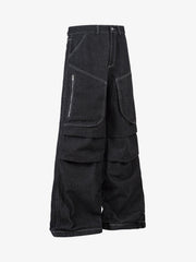Deconstructed Split Topstitched Pleated Pocket Jeans