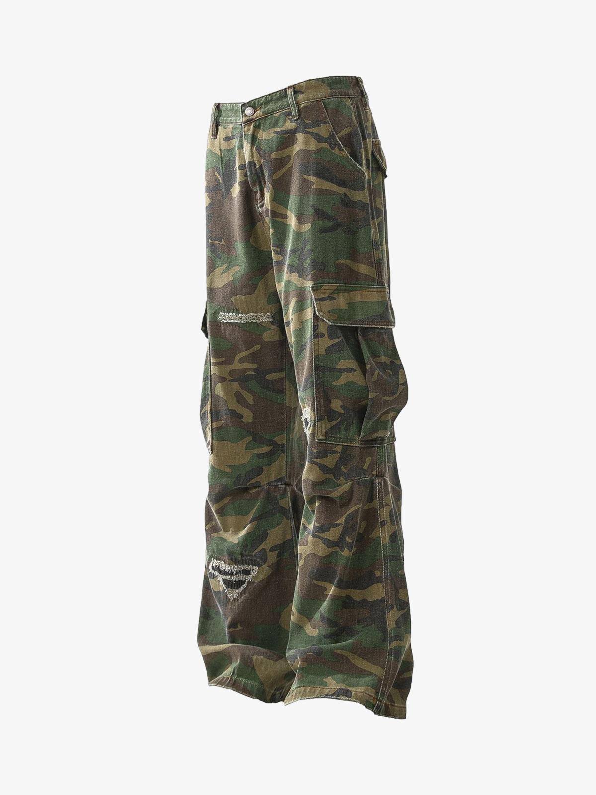 Woven Ripped Camouflage Flared Cargo Pants