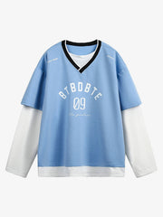 Faux Two-Piece Jersey Print Long Sleeve T-shirt