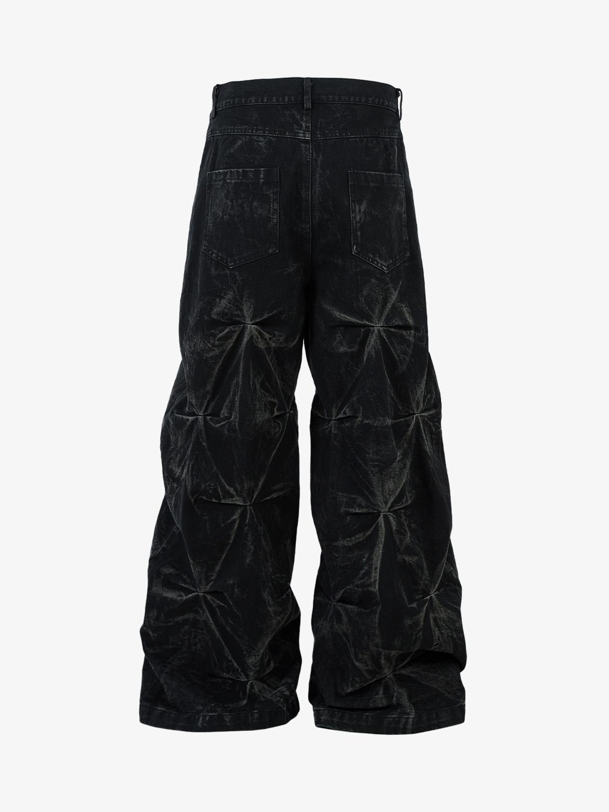 Denim Heavy Washed Distressed Pleated Baggy Jeans