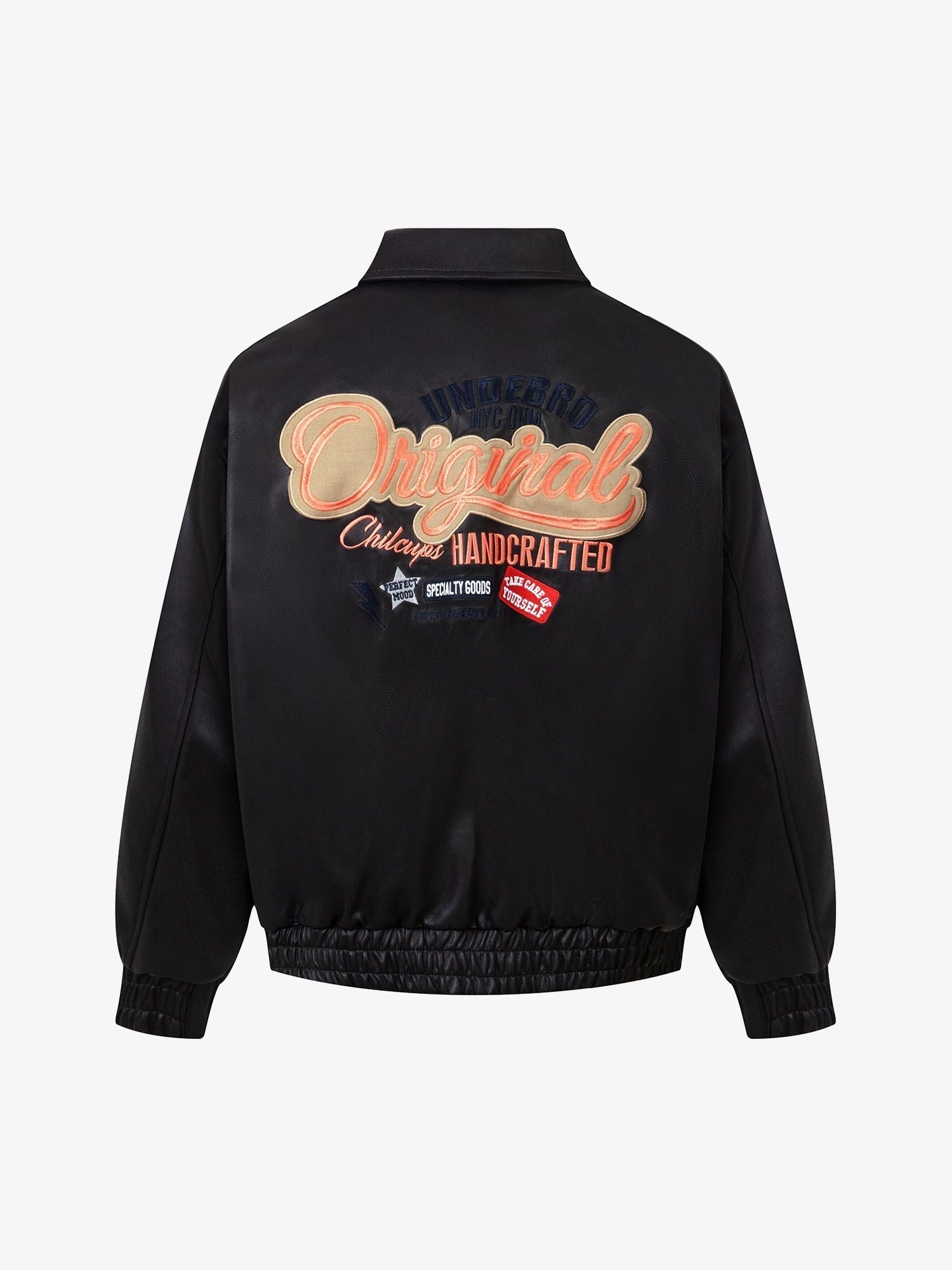 Lettering Embroidered Leather Bomber Jacket