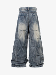 Distressed Washed Pleated Jeans