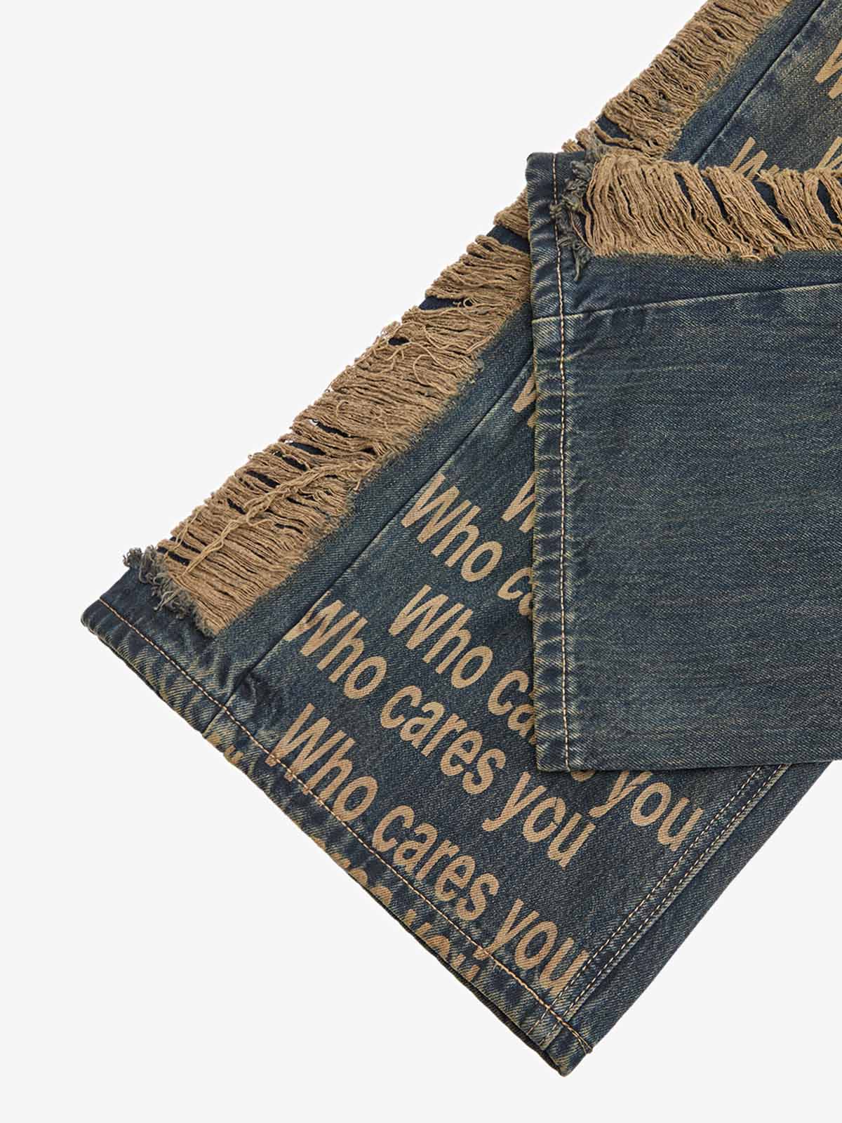 Washed Distressed 'Who Cares You' Print Straight Jeans