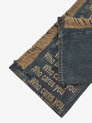 Washed Distressed 'Who Cares You' Print Straight Jeans