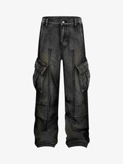 Washed Distressed Pleated Cargo Jeans