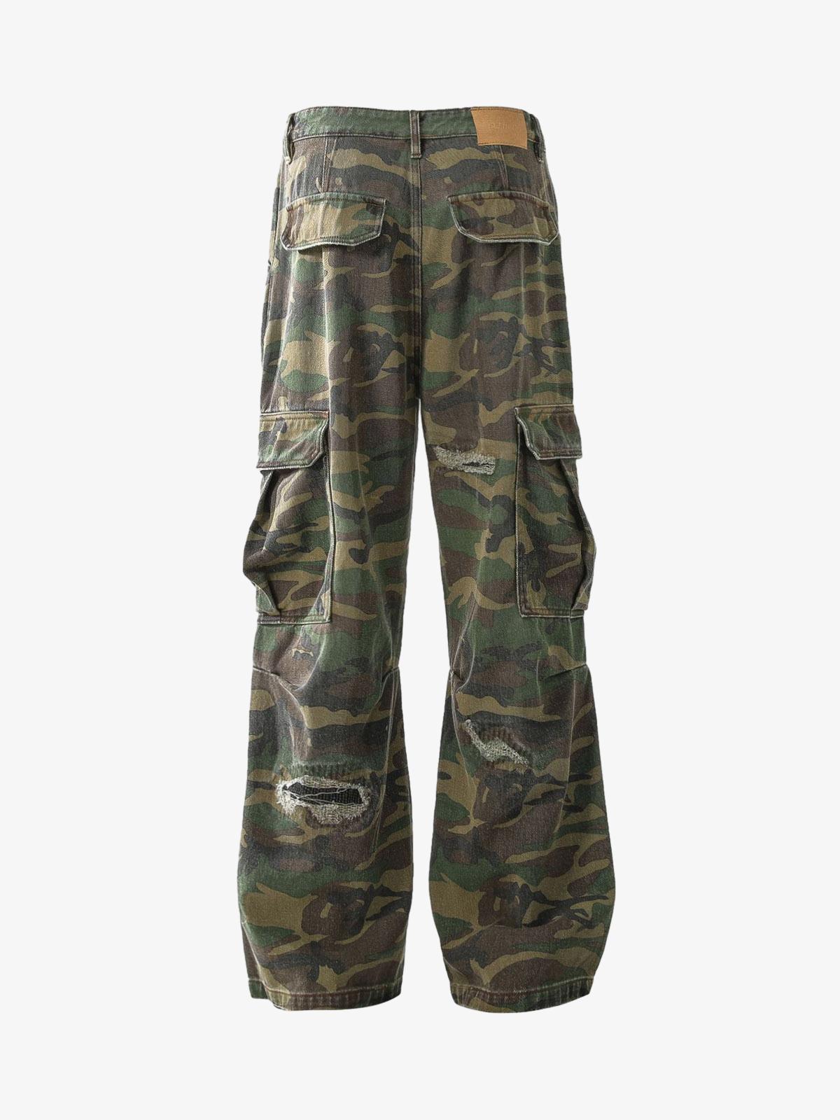 Woven Ripped Camouflage Flared Cargo Pants