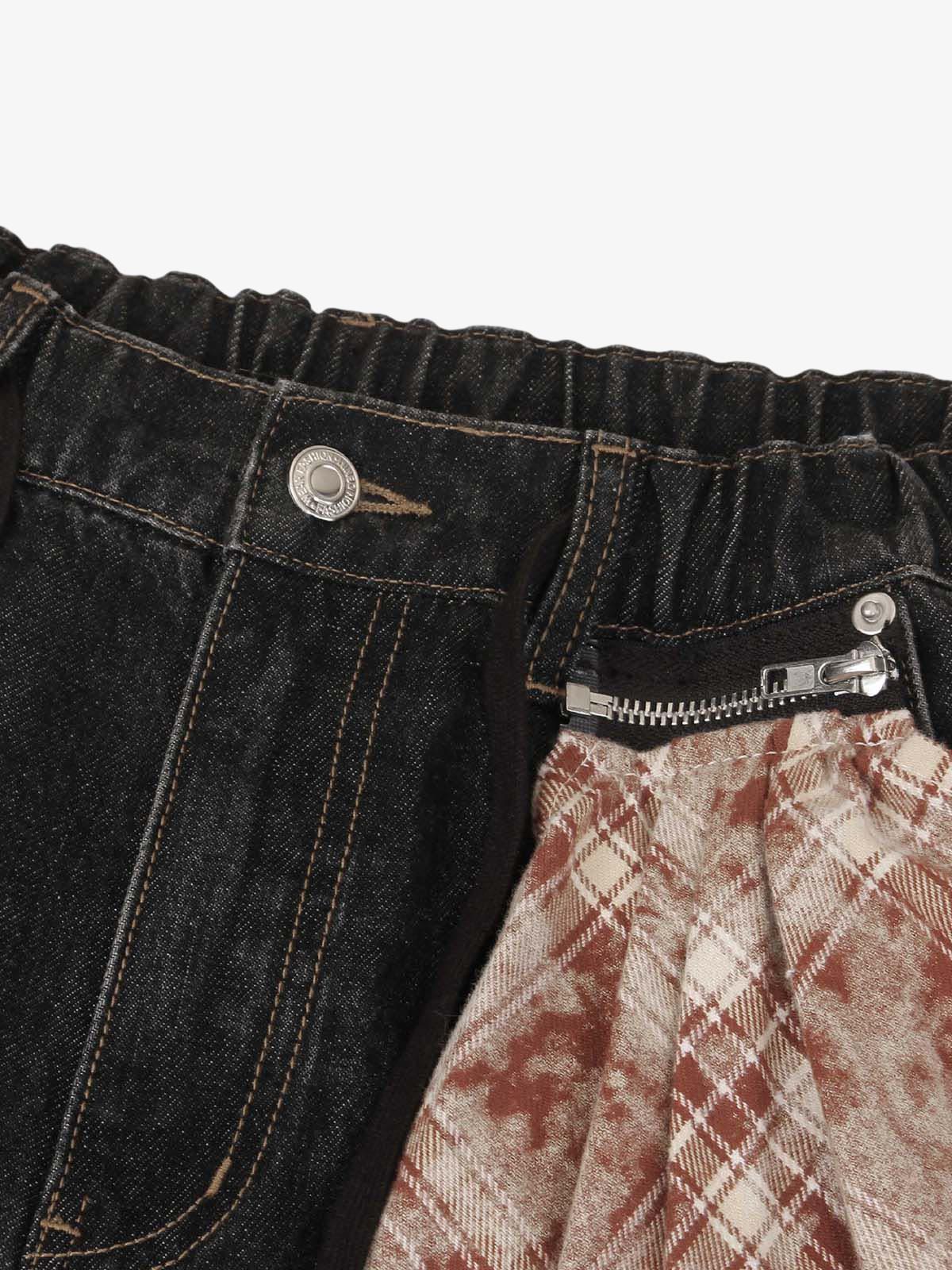 Patchwork Plaid Pleated Baggy Barrel Jeans