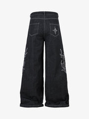 Denim Embroidered Flame Baggy Jeans