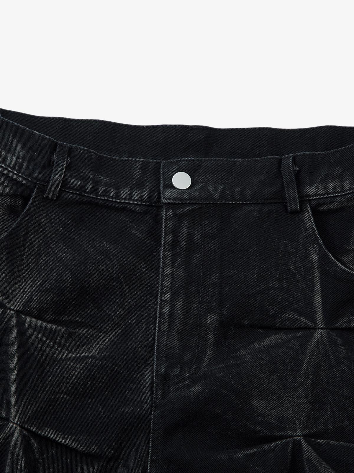 Denim Heavy Washed Distressed Pleated Baggy Jeans