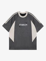 Suede Contrast Color Spliced Letter Embroidery Oversize T-Shirt