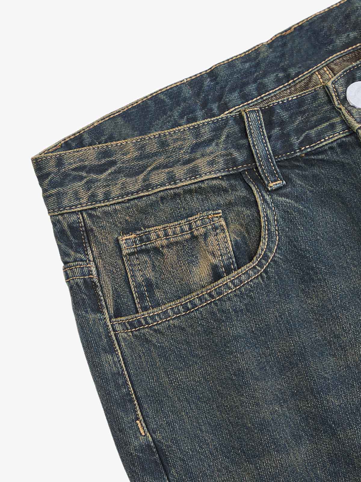 Washed Distressed 'Who Cares You' Print Straight Jeans