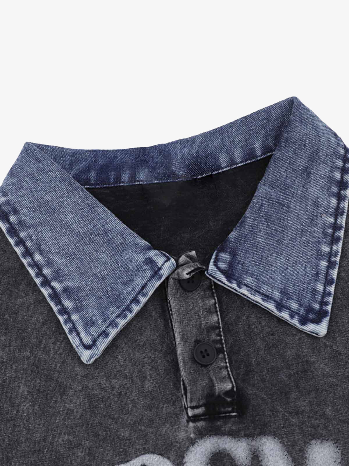 Distressed Embroidered Denim Collar Polo Shirt