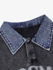 Distressed Embroidered Denim Collar Polo Shirt