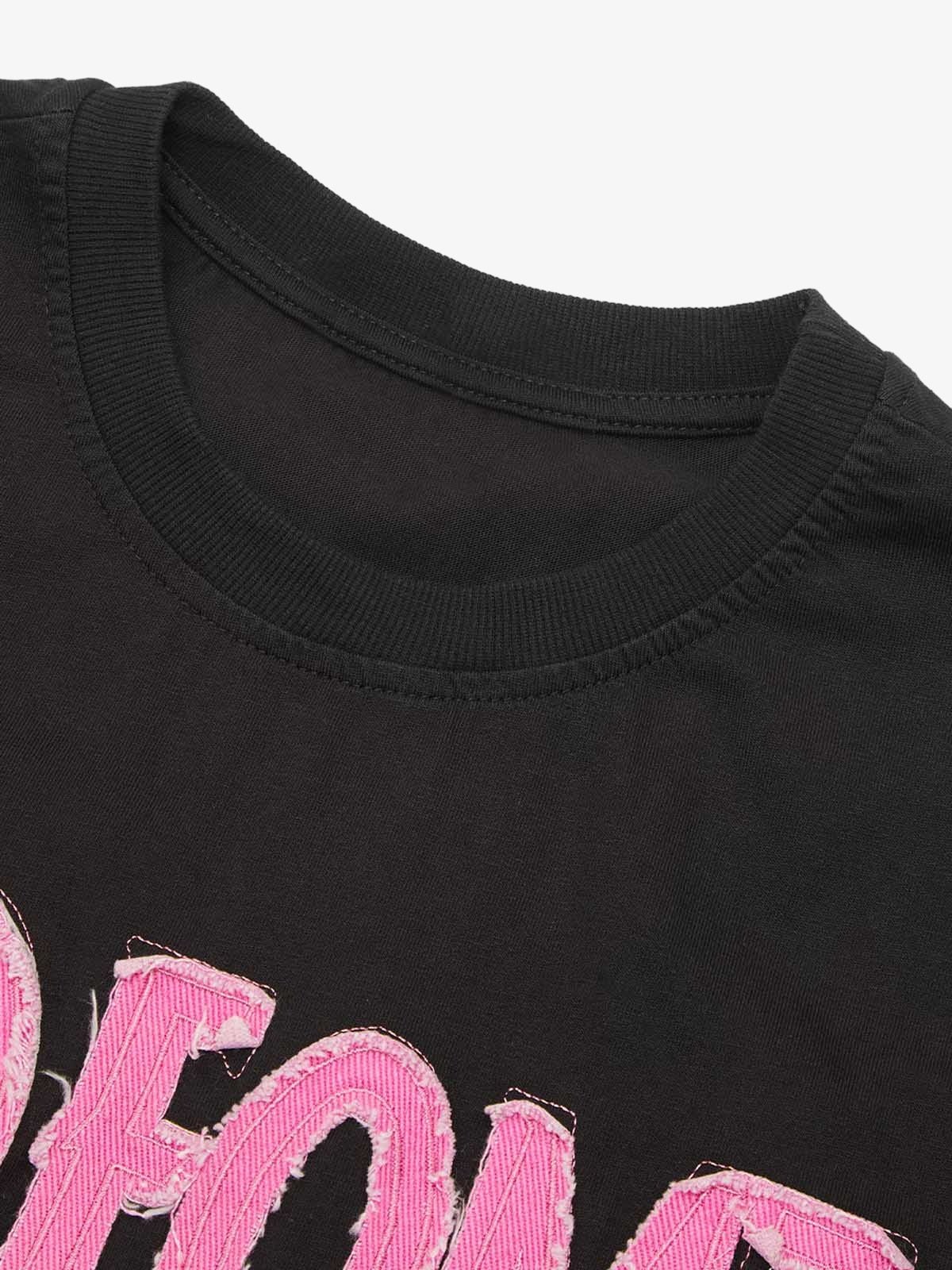 Pink Letter Applique Street Rap T-shirt