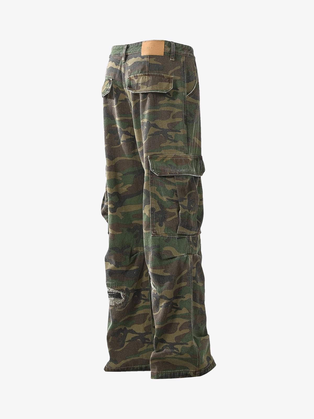 Woven Ripped Camouflage Flared Cargo Pants