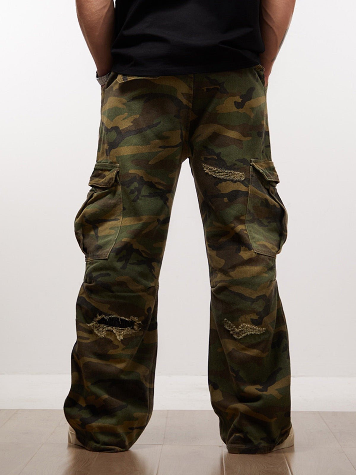 Woven Ripped Camouflage Flared Cargo Pants