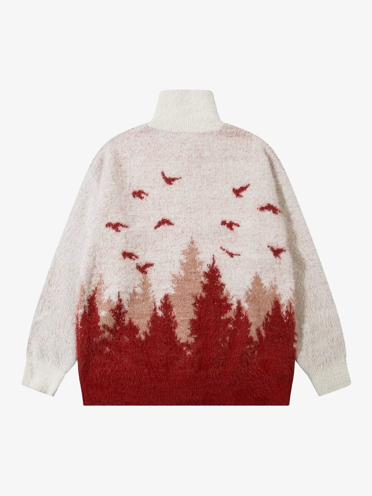 Faux Mink Fur Forest Bird High Collar Zipper Sweater