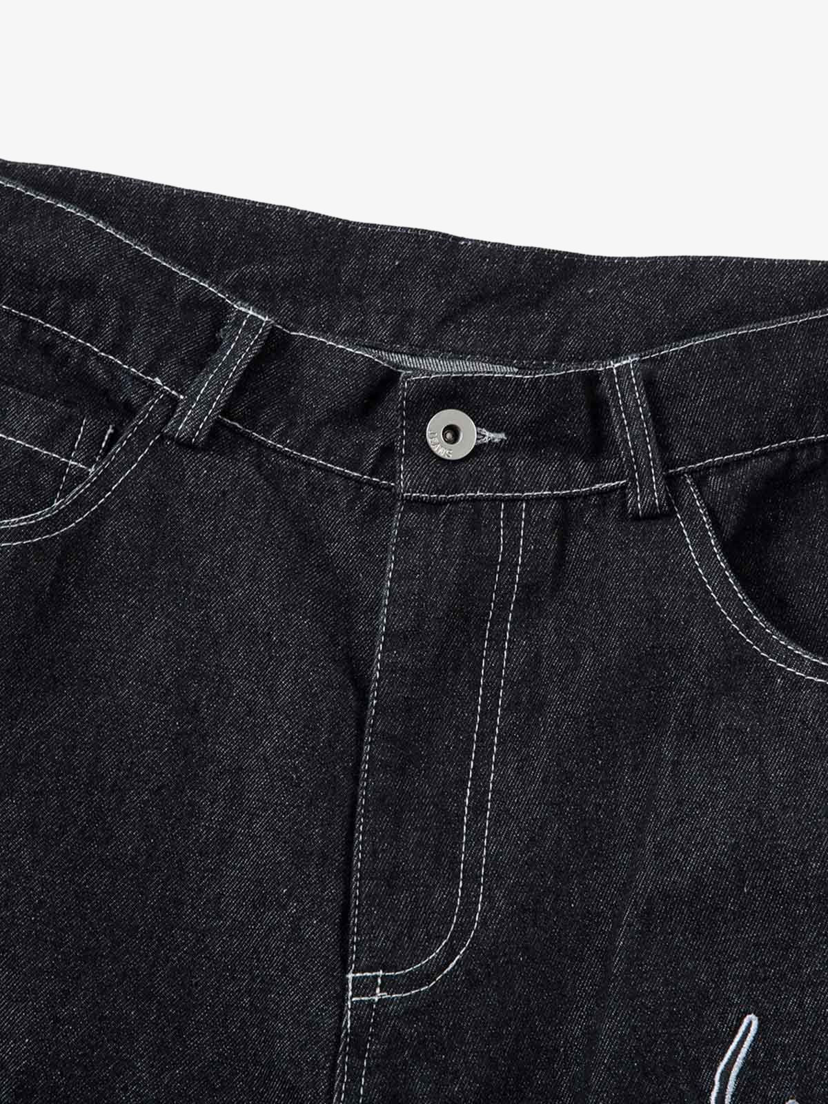 Denim Embroidered Flame Baggy Jeans