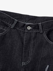 Denim Embroidered Flame Baggy Jeans