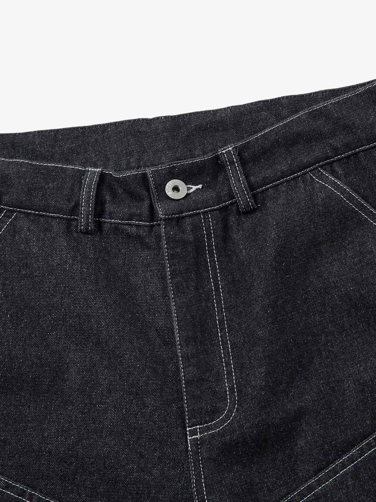 Deconstructed Split Topstitched Pleated Pocket Jeans