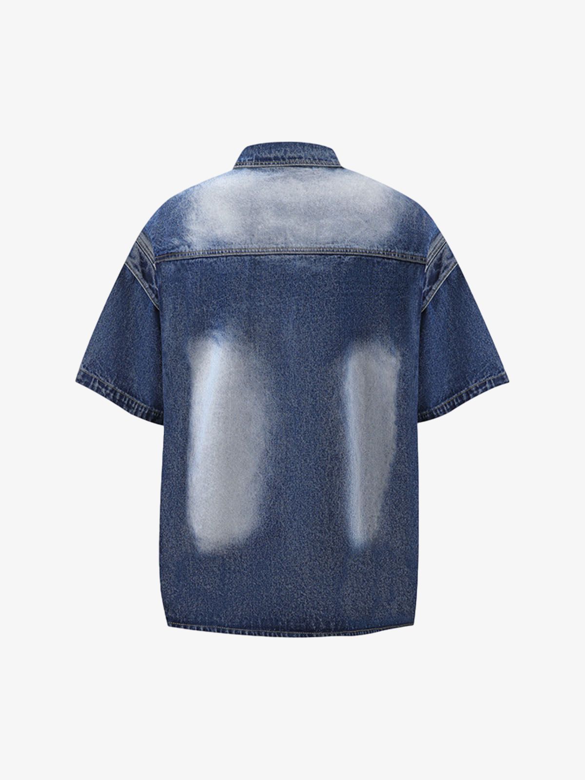 Distressed Washed Workwear Denim Shirt And Jorts Set