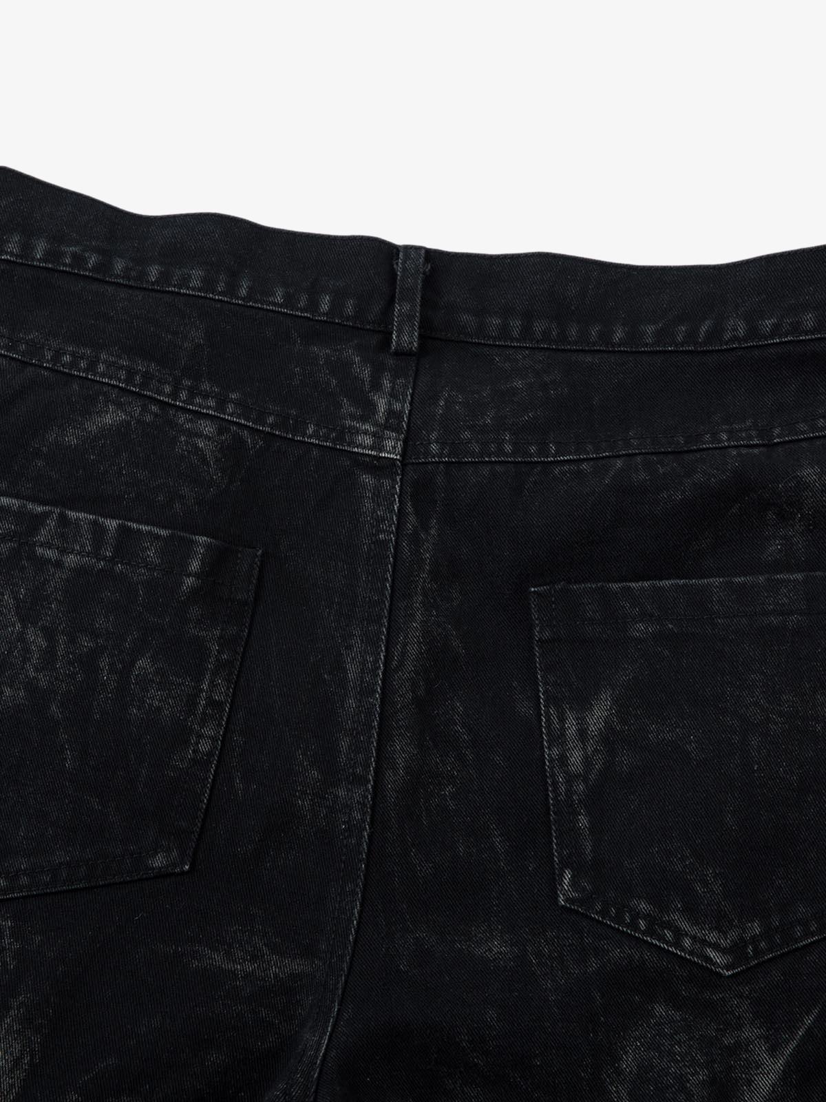 Denim Heavy Washed Distressed Pleated Baggy Jeans