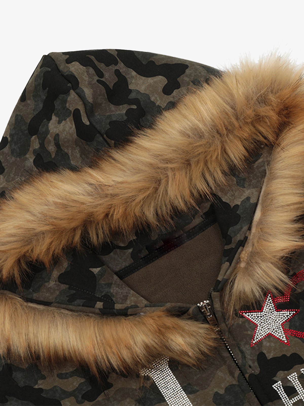 Hotfix Rhinestones Camouflage Fur Hooded Fleece Jacket