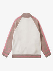 Contrast Color Jacquard Mock Neck Zipper Sweater