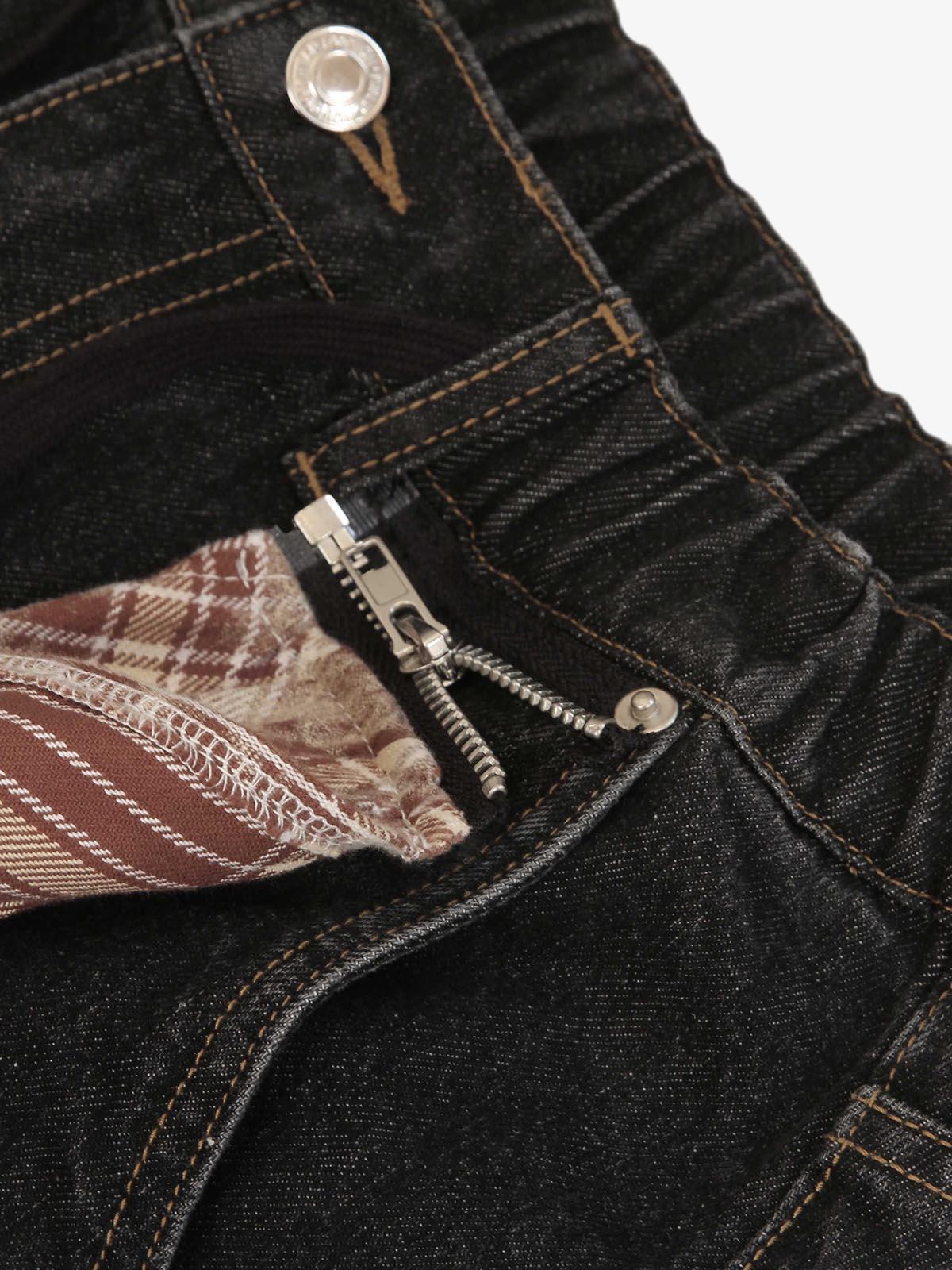 Patchwork Plaid Pleated Baggy Barrel Jeans