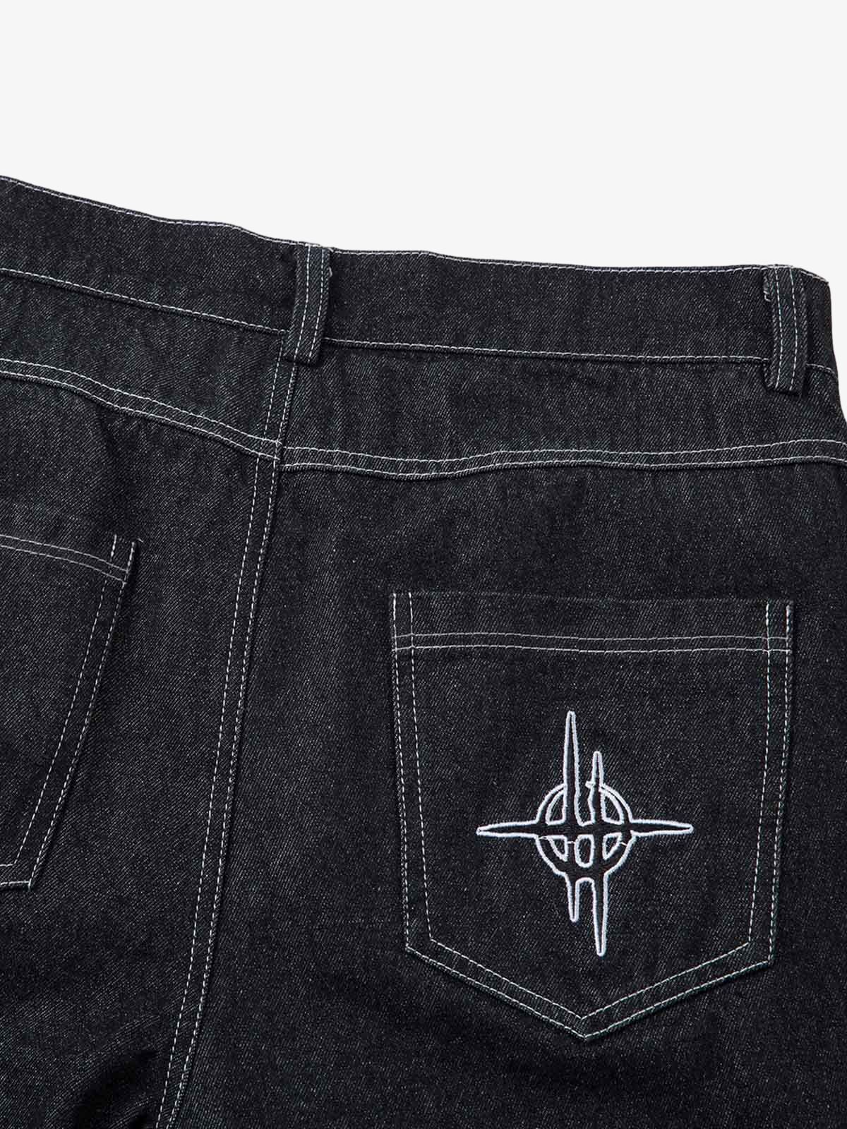 Denim Embroidered Flame Baggy Jeans
