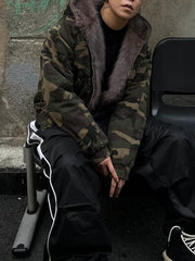 Camouflage Fur Collar Hooded Quilted Jacket