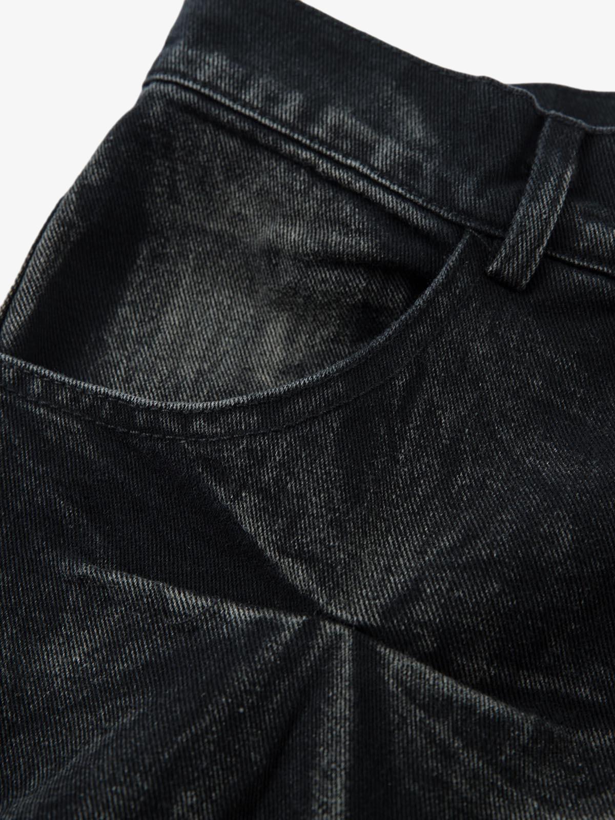 Denim Heavy Washed Distressed Pleated Baggy Jeans