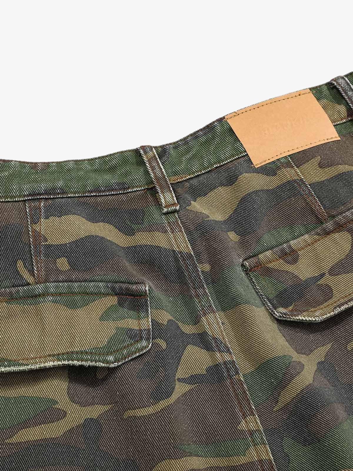 Woven Ripped Camouflage Flared Cargo Pants