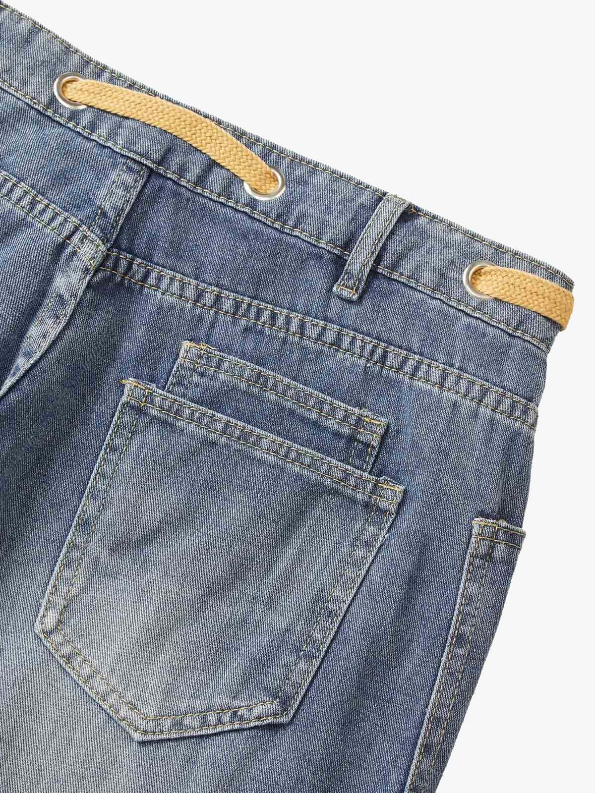 Drawstring Denim Patch Washed Jeans