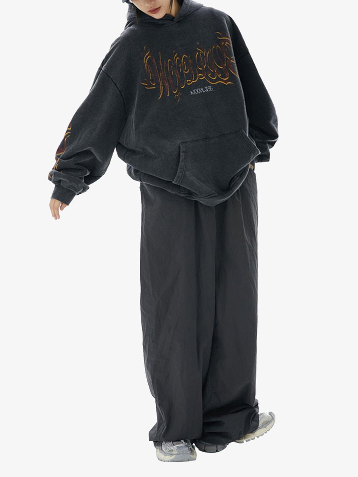 Flame Letter Washed Hooded Sweatshirt