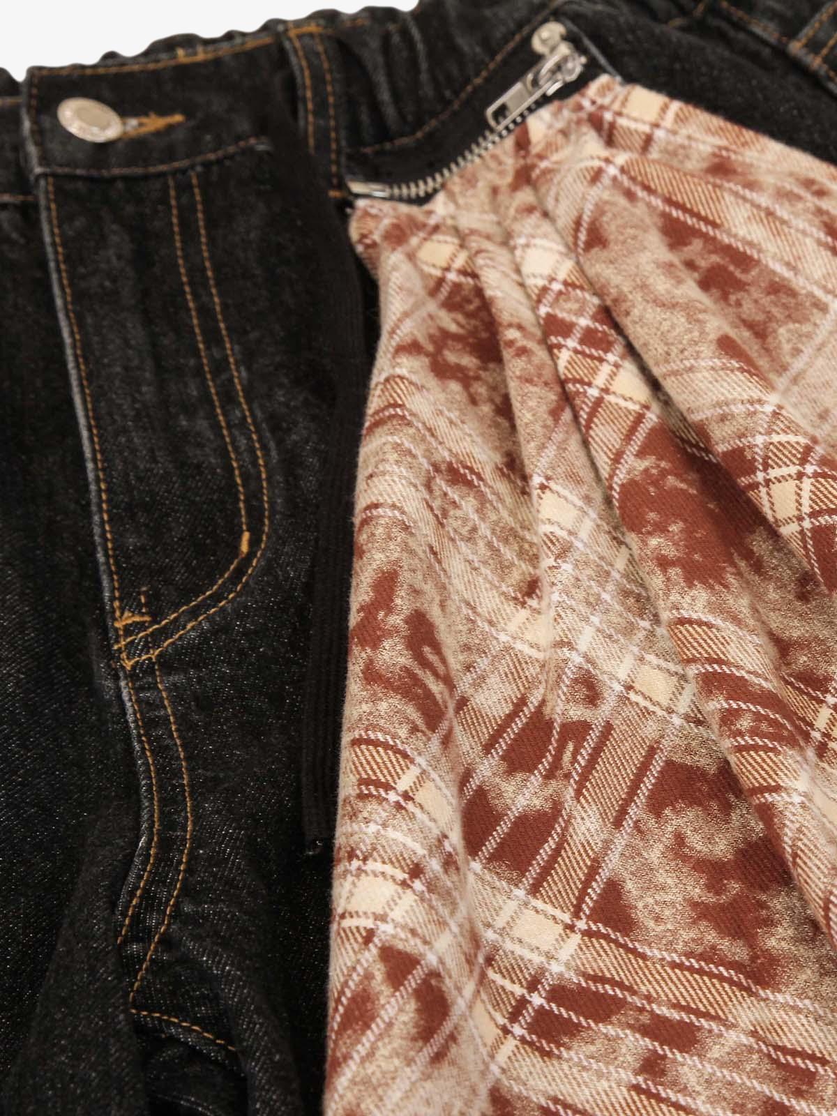 Patchwork Plaid Pleated Baggy Barrel Jeans