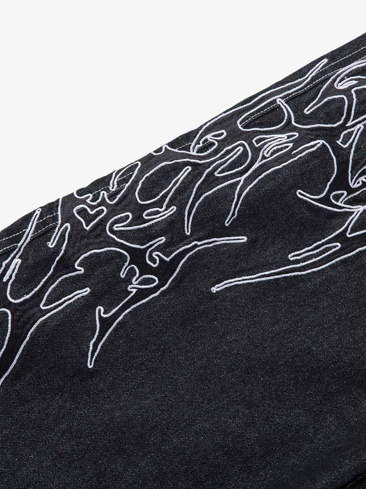 Denim Embroidered Flame Baggy Jeans