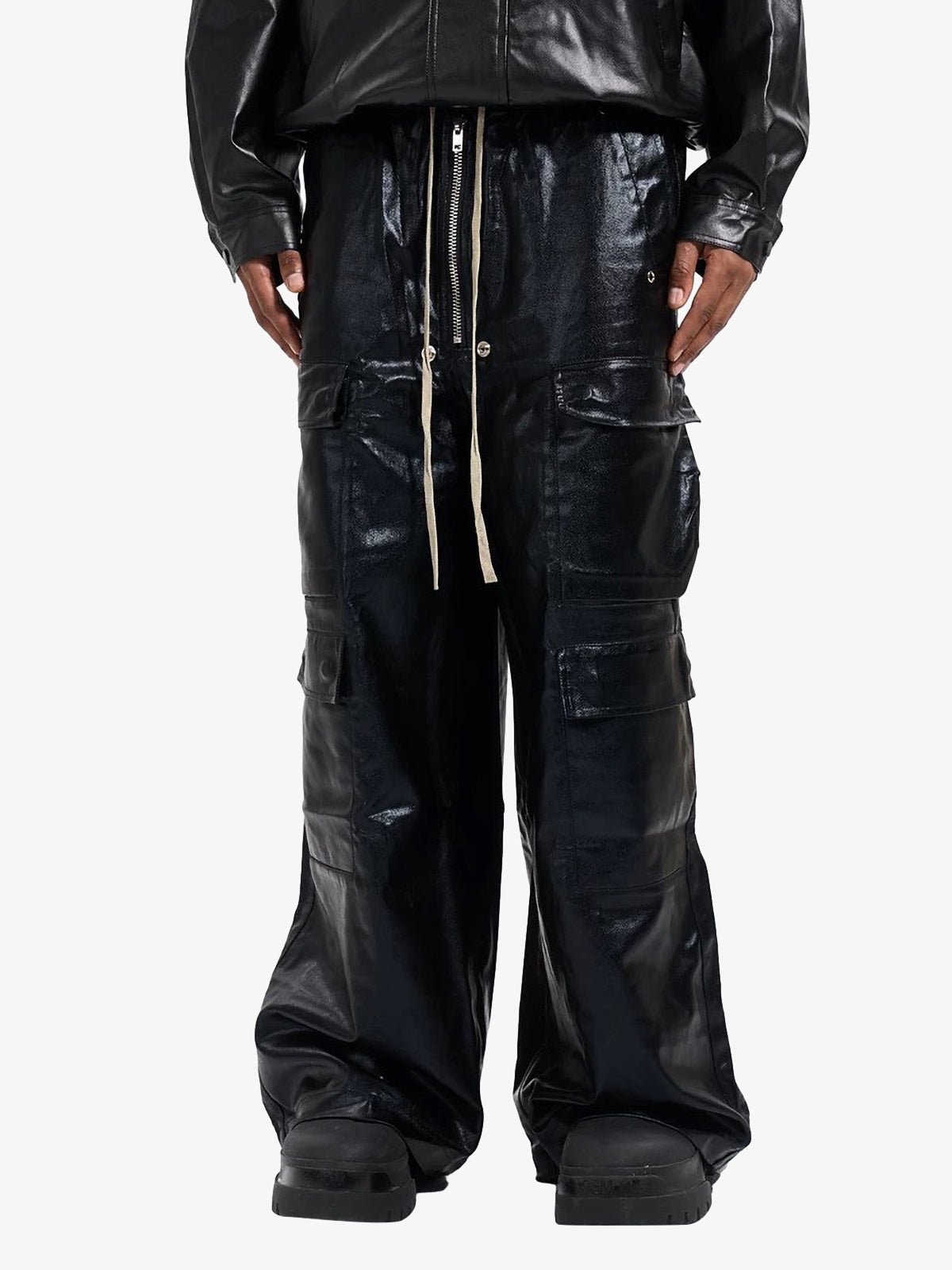 RO-style multi-pocket matte coated pants