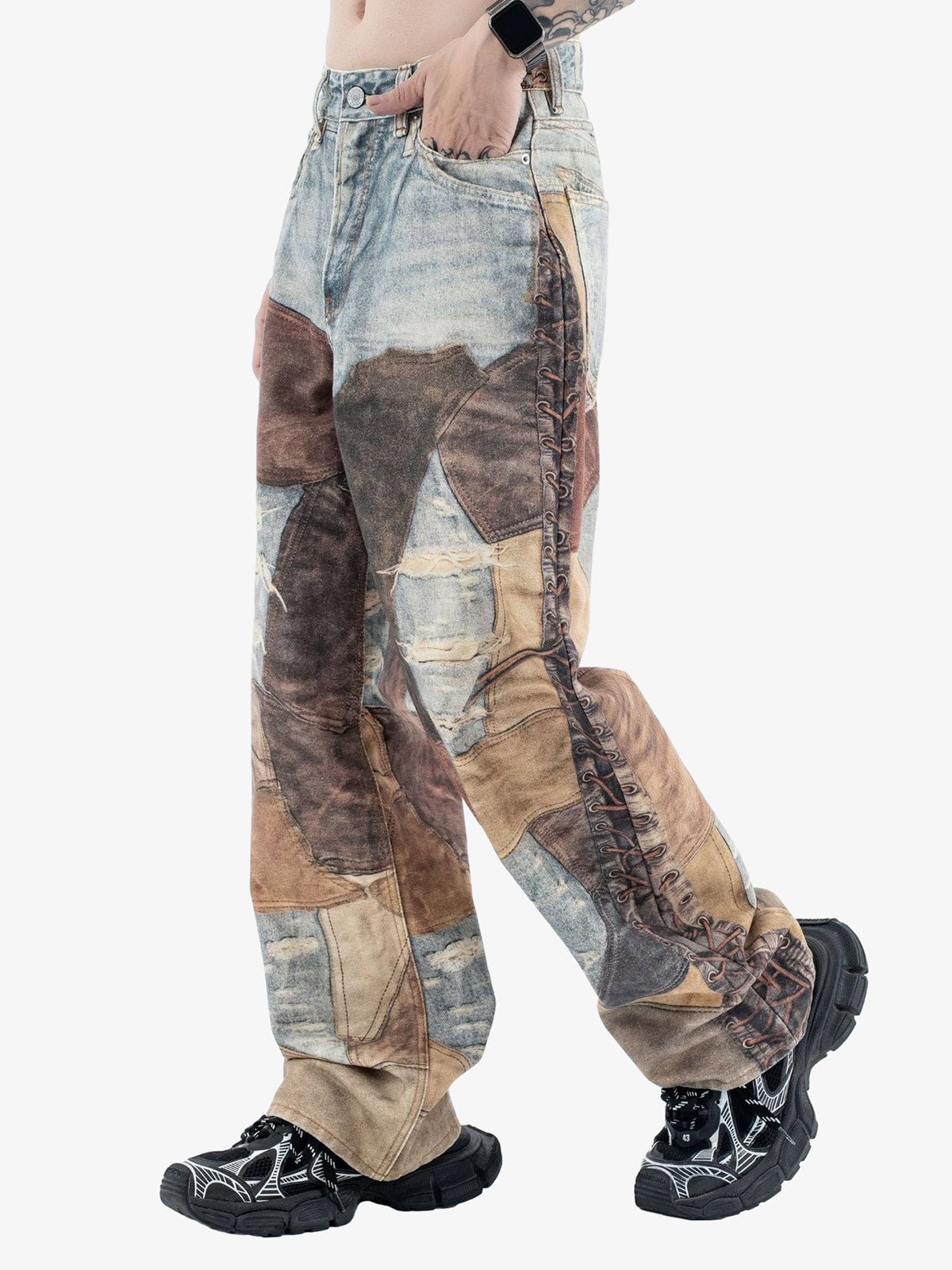 High Street Distressed Washed Printed Jeans